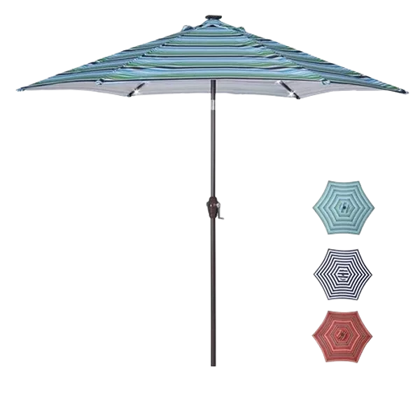 Outdoor Market Table Patio Umbrella with Push Button Tilt and Crank with 24 LED Light in Blue Striped Color