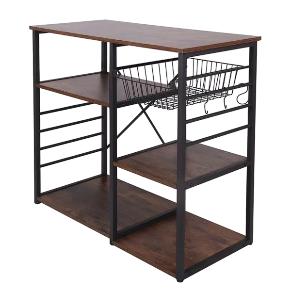 Wood and Metal Bakers Rack with 4 Shelves and Wire Basket, Brown and Black