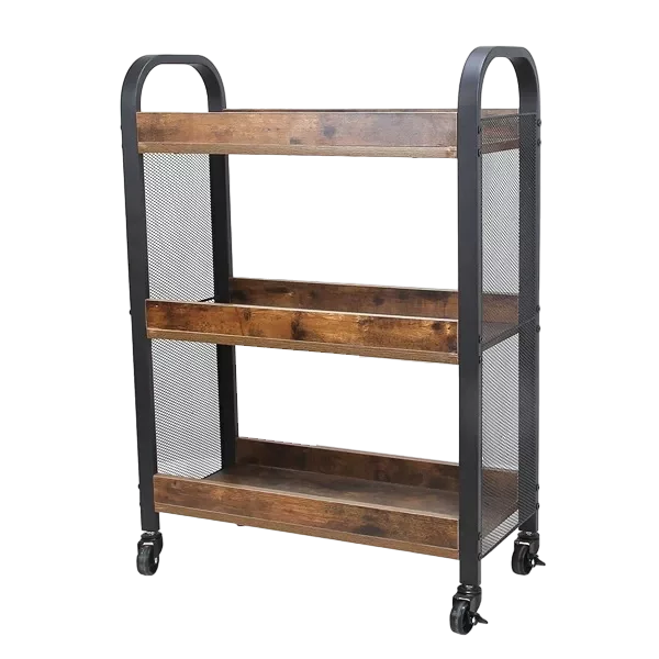 3 Tier Wood and Metal Kitchen Cart with Mesh Side Panel, Brown and Black
