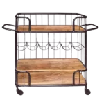 Metal Frame Bar Cart with Wooden Top and 2 Shelves, Black and Brown