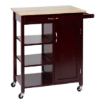 35 Inch Handcrafted Rubberwood Kitchen Island Bar Cart, 3 Shelves, 1 Cabinet, Caster Wheels, Espresso Brown