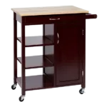 35 Inch Handcrafted Rubberwood Kitchen Island Bar Cart, 3 Shelves, 1 Cabinet, Caster Wheels, Espresso Brown