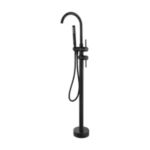 Double-Handle Floor Mount Freestanding Tub Faucet with Hand Shower in Matte Black