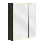 32x30 Inch Black LED Lighted Medicine Cabinet with Double Door Surface Wall Mount Flip-Out Magnifying Mirror Door Storage Defogger 3 Color Lighting for Bathroom