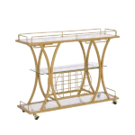 Golden Bar Cart with Wine Rack Tempered Glass Metal Frame Wine Storage