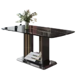 Dining table. Black imitation marble pattern desktop. Black MDF table legs, gold lines, black base. Suitable for kitchen and living room 63"*35.4"30" F-SQ
