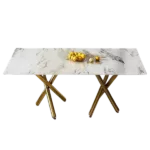 Large modern minimalist rectangular glass dining table for 6-8 people, with a 0.39-inch white imitation marble tabletop and golden metal legs, suitable for kitchen, dining room, living room, 1538