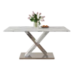 Modern white rectangular marble textured glass dining table and office desk. Equipped with stainless steel base. Beautiful and durable. 63"*37"*30"