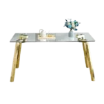 Modern minimalist style rectangular glass dining table with tempered glass tabletop and golden metal legs