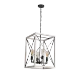 4-Light Metal and Wood Caged Retro White Hanging Chandelier For Indoor