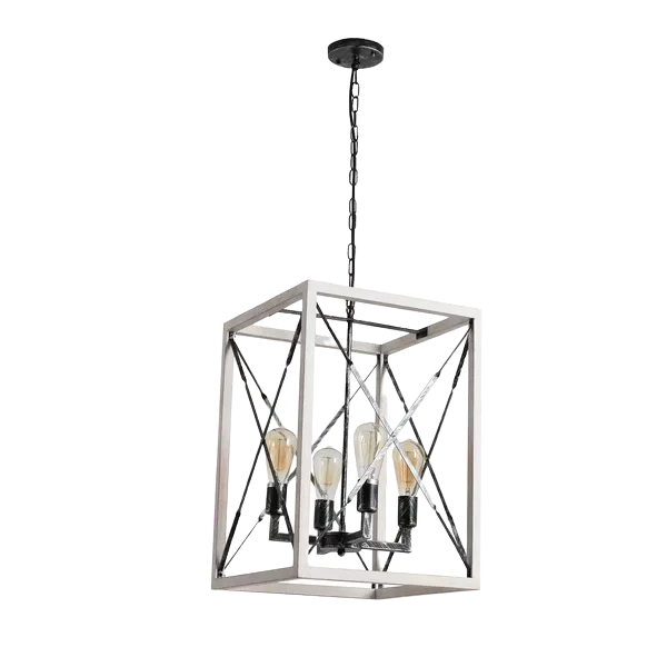 4-Light Metal and Wood Caged Retro White Hanging Chandelier For Indoor