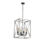 4-Light Metal and Wood Caged Retro White Hanging Chandelier For Indoor