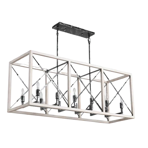 12-Light Metal and Wood Caged Retro White Hanging Chandelier For Indoor