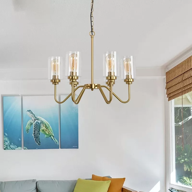 6-Light Classic Style Ceiling Light Chandelier Fixture with Water Grain Glass Shade for Meeting Room Dining Room, Gold For Indoor