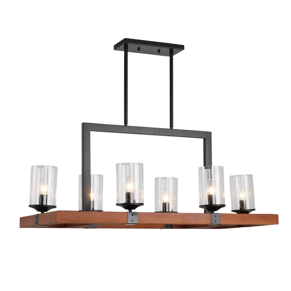 6-Light Brown Industrial Wood Chandelier with Glass Shades For Indoor