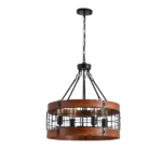 Round Wooden Chandelier - Antique Metal Pendant, 4 Lights For Indoor