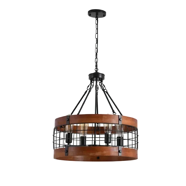 Round Wooden Chandelier - Antique Metal Pendant, 4 Lights For Indoor