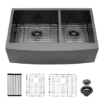 Gunmetal Black Double Bowl (60/40) Farmhouse Sink- 36"x21"x10"Stainless Steel Apron Front Kitchen Sink 16 Gauge with Two 10" Deep Basin