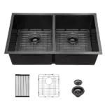 Double Bowl(50/50) Undermount Sink- 33"x19" Gunmetal Black  Double Bowl Kitchen Sink 16 Gauge with Two 10" Deep Basin