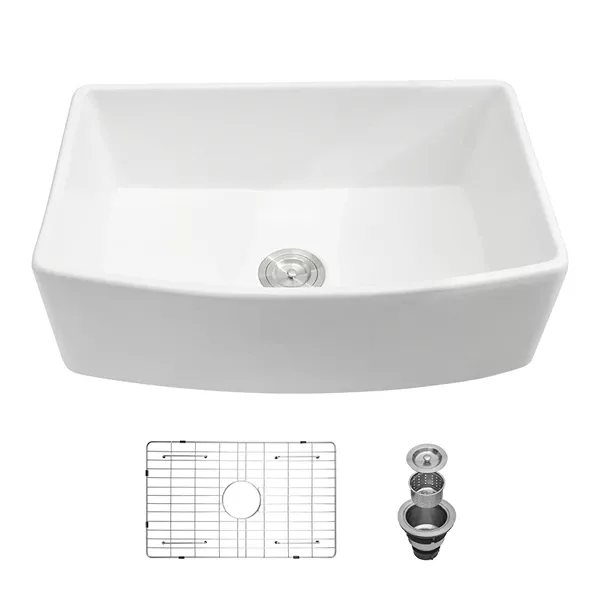 White Farmhouse Sink - 33 inch White Kitchen Sink Ceramic Arch Edge Apron Front Single Bowl Farm Kitchen Sinks