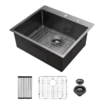 25x22 inch Drop in Kitchen Sink Gunmetal Black Topmount 16 Gauge Deep Single Bowl Stainless Steel Sink Basin