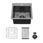 15*15*9 inch Drop in Kitchen Sink Gunmetal Black Topmount 16 Gauge Deep Single Bowl Stainless Steel Sink Basin