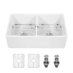 White Farmhouse Sink - 33 inch White Ceramic Double Bowl Farm Kitchen Sink