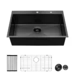 Black Drop Sink, 28x22 inch Drop in Kitchen Sink Gunmetal Black Top mount 16 Gauge Deep Single Bowl Stainless Steel Sink Basin