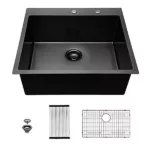 28 Inch Drop In Kitchen Sink, 28"x22" Undermount Gunmetal Black 16 Gauge Stainless Steel Sink 10 Inch Deep Basin With Offset Drain And Tight Radius Corner, Top Mount Installation