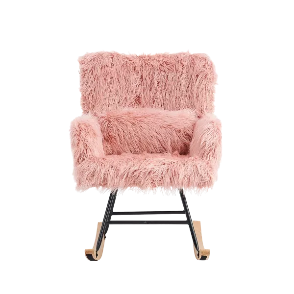 Metal Frame Faux Fur Pink Rocking Chair of Wooden  Legs Ideal for Living Room & Bedroom