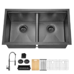 All In One  33x19Inch Undermount Gunmetal Black Double Bowl  Kitchen Sink 18 Guage Stainless Steel With Faucet