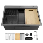 32x22inch Gunmetal Black workstation 18Gauge 304 Stainless Steel  kitchen sink with Black Spraing Neck faucet