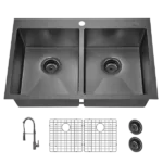 33x22Inch Double Bowl Topmount Gunmetal Black Kitchen Sink 18 Gauge Stainless Steel  With Black Spring Neck Faucet