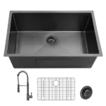 27Inch Gunmetal Black Undermount 18 Guage Stainless Steel Kitchen Sink With Black Spring Neck Faucet