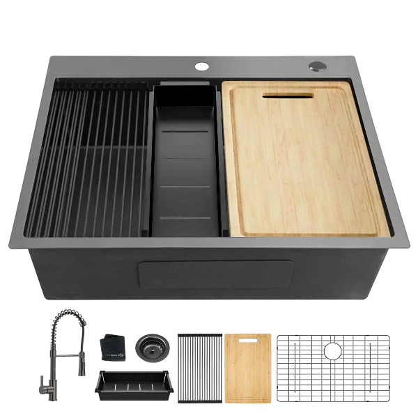 27 Inch Topmount Gunmetal Black  Worksation Kitchen Sink 18 Gauge Stainless Steel Single Bowl Sink With Faucet