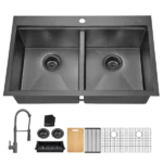 33x22 Inch Gunmetal Black Topmount Double Bowl Workstation Kitchen Sink 18 Gauge Stainless Steel With Black Faucet