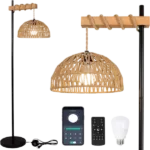 65.01 in. Brown 1-Light Lantern Smart Floor Lamp with Remote Control in Brown