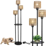 66.1 in. 3-Lights Rattan Standard Floor Lamp with Shelves in Brown