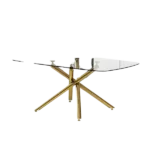Large Modern Minimalist Rectangular Glass Dining Table with Tempered Glass Tabletop and Golden Plated Metal Legs