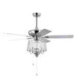 52 Inch Crystal Ceiling Fan , Modern Electrical Fan with 5 Wood Reversible Blades, 4 Bulbs Not Included,Noiseless Reversible AC Motor for Bedroom/Living Room/Study/Patio Home Decoration (Chrome)