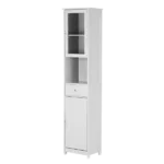 Modern Tower Tall Storage Cabinet with Doors & Wooden Floor Drawer in White