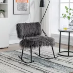 Gray Faux Fur Rocking Chair of  Metal Frame And Legs Ideal for Living Room & Bedroom