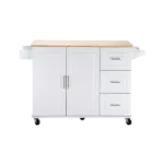 Kitchen Island & Kitchen Cart, Mobile Kitchen Island with Extensible Rubber Wood Table Top,adjustable Shelf Inside Cabinet,3 Big Drawers, with Spice Rack, Towel Rack, White-Beech