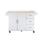 Kitchen Island & Kitchen Cart, Mobile Kitchen Island with Extensible Rubber Wood Table Top,adjustable Shelf Inside Cabinet,3 Big Drawers, with Spice Rack, Towel Rack, White-Beech