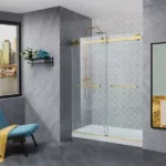 Frameless Double Sliding Shower Glass Door Gold 56 - 60 W x 76 H,3/8(10mm) Thick Clear Tempered Glass,Heavy Duty Stainless Steel Hardwares,Rectangle Handles,Brushed Gold,Bypass Shower Enclosure