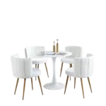 Modern White 5 pieces Round Dining table set with 4 Fabric Upholstered Dining Chair with Backrest and Metal Legs For Living Room,Dining Room