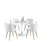 Modern White 5 pieces Round Dining table set with 4 Fabric Upholstered Dining Chair with Backrest and Metal Legs For Living Room,Dining Room