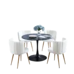 Modern White 5 Pieces Round Dining Table set With 4 Fabric Upholstered Dining Chair with Backrest And Metal Legs For Living Room,Dining Room