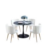 Modern White 5 Pieces Round Dining Table set With 4 Fabric Upholstered Dining Chair with Backrest And Metal Legs For Living Room,Dining Room