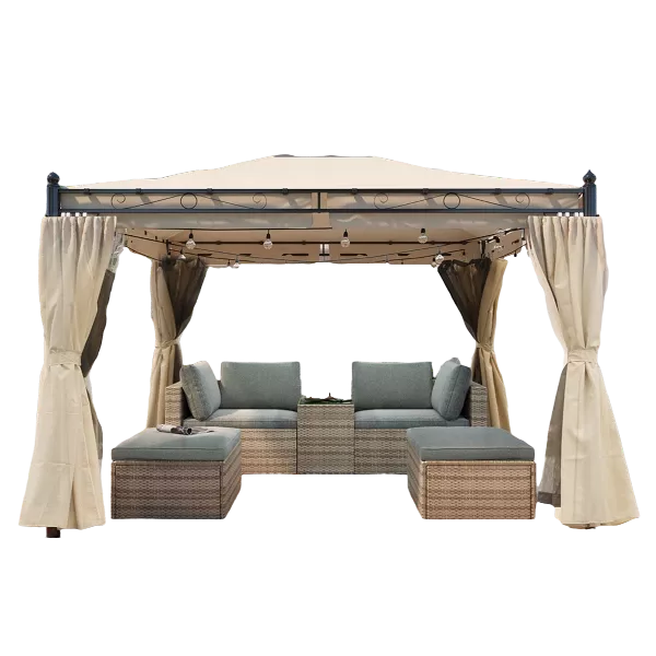 Width Outdoor Patio with Mosquito nets and Polyester Curtains, Double Roofs in Beige Color